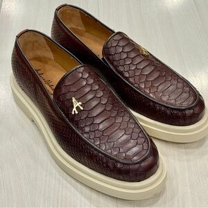 Burgundy brown exotic snakeskin print leather Men's loafer